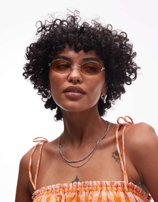 Le Specs Love Train Slim Oval Sunglasses In Vintage Tort With Amber Lens