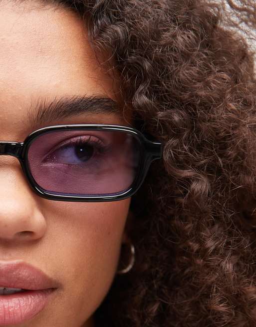 Le Specs Pilferer Rectangle Sunglasses In Black With Lilac Tint Lens