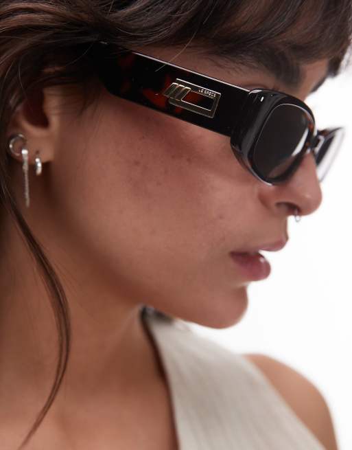 Le Specs Starlight Rectangle Sunglasses In Tortoiseshell With Green Lens