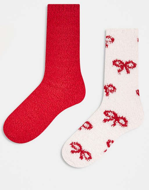 Lindex 2 pack super soft cosy socks in red and bow print