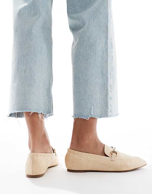 London Rebel Buckle Detail Pointed Toe Loafer In Raffia Natural
