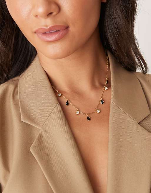 Lost Souls black stone and crystal charm necklace in 18ct gold plated stainless steel