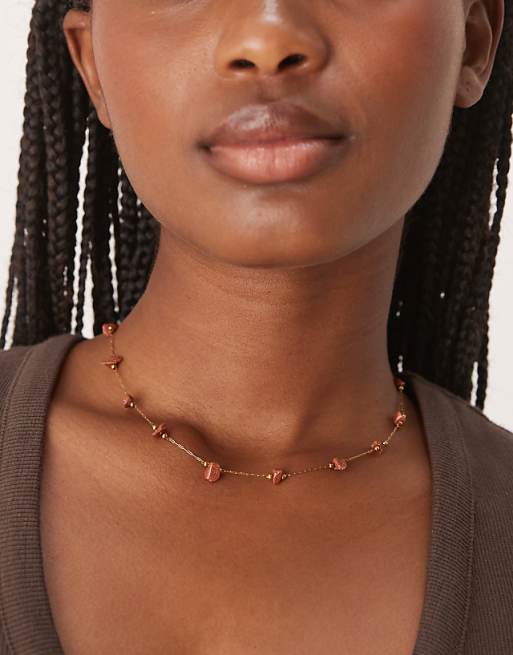 Lost Souls brown beaded chain necklace in 18ct gold plated stainless steel