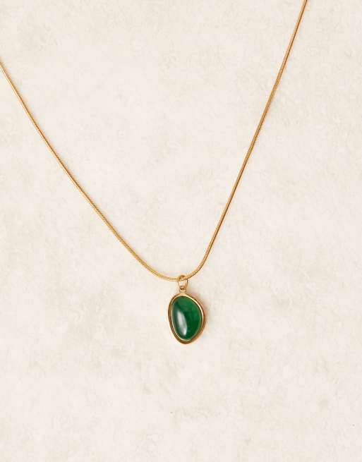 Lost Souls Dark Green Stone Pendant Necklace In 18ct Gold Plated Stainless Steel