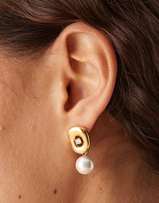 Lost Souls embellished stud earring with pearl drop in 18ct gold plated stainless steel
