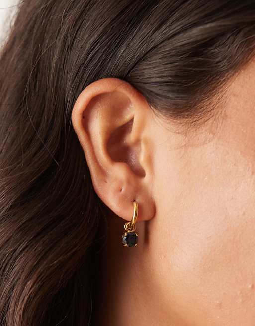Lost Souls hoop earrings with black stone in 18ct gold plated stainless steel