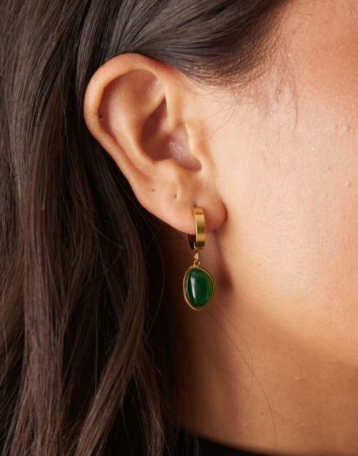 Lost Souls Hoop Earrings With Dark Green Stone In 18ct Gold Plated Stainless Steel