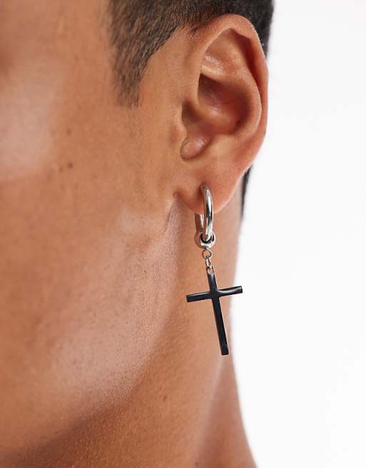 Lost Souls huggies with cross pendant earrings in stainless steel
