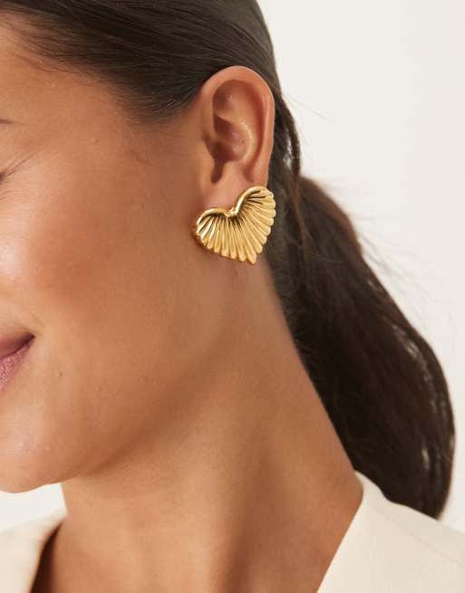 Lost Souls Ridged Heart Statement Stud Earrings In 18ct Gold Plated Stainless Steel