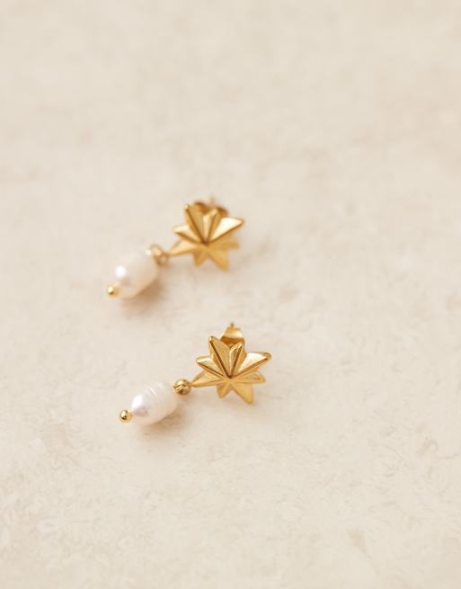 Lost Souls Starburst Pearl Drop Earrings In 18ct Gold Plated Stainless Steel