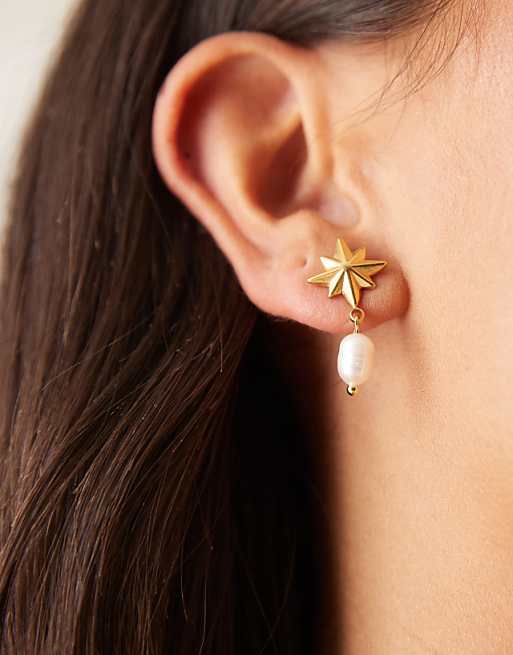 Lost Souls starburst pearl drop earrings in 18ct gold plated stainless steel