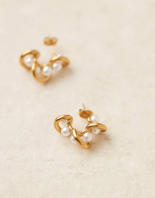 Lost Souls Twisted Pearl Embellished Hoop Earrings In 18ct Gold Plated Stainless Steel