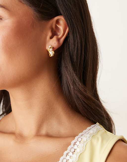 Lost Souls twisted pearl embellished hoop earrings in 18ct gold plated stainless steel