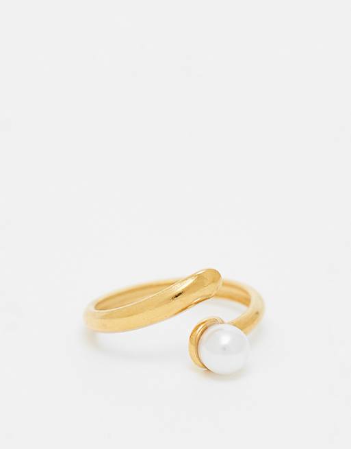 Lost Souls wraparound pearl ring in 18ct gold plated stainless steel