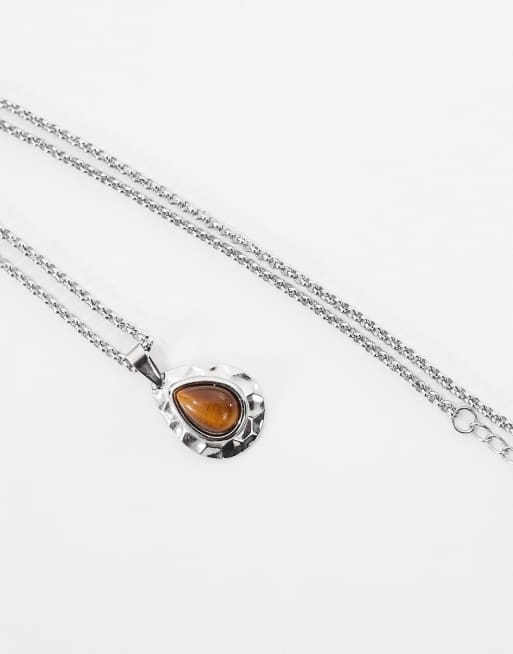 Lost Sous Tear Drop Tiger Eye Pendant Necklace In Stainless Steel