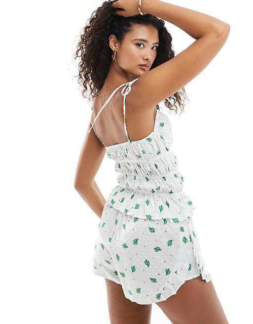 Loungeable Cactus Printed Dobby Tie Shoulder Cami And Ruffle Short In White