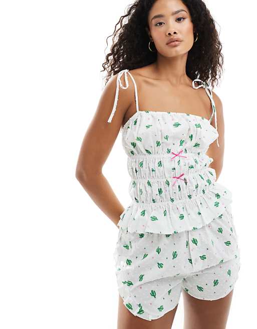 Loungeable Cactus printed dobby tie shoulder cami and ruffle short in white