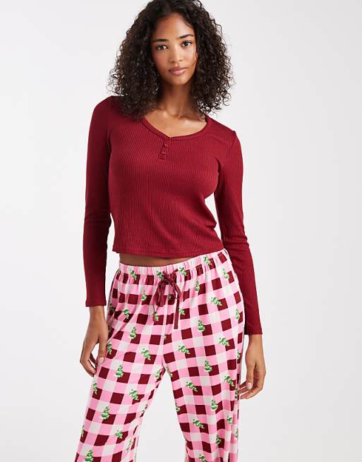 Loungeable Christmas Henley And Printed Trouser Pyjama Set In Berry Tree Print