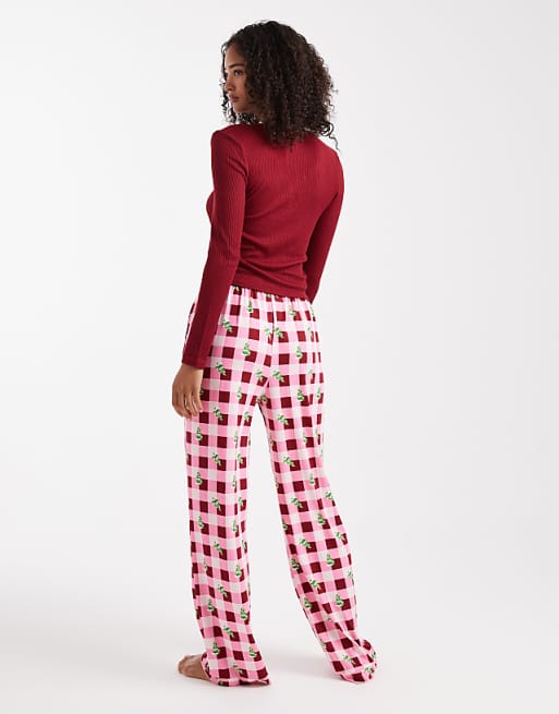 Loungeable Christmas Henley And Printed Trouser Pyjama Set In Berry Tree Print