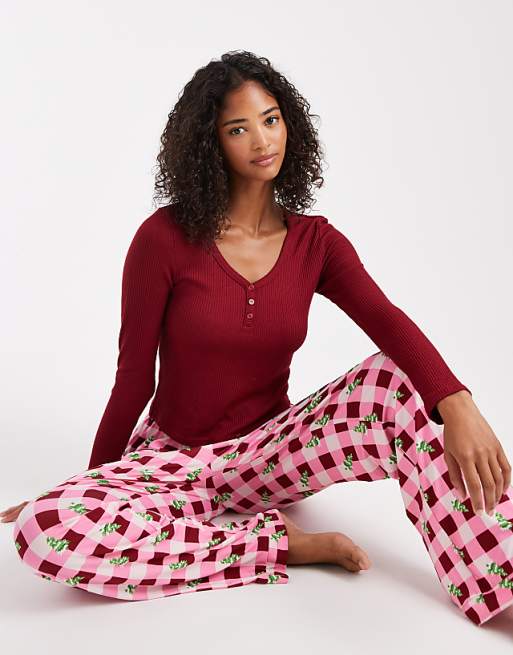 Loungeable Christmas henley and printed trouser pyjama set in berry tree print