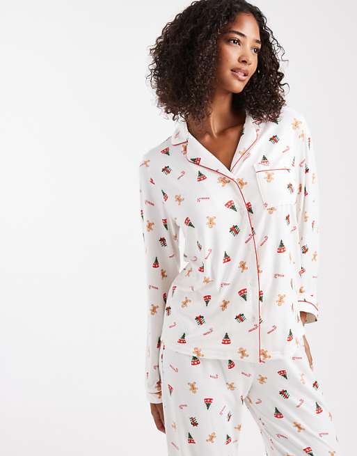 Loungeable Christmas Super Soft Jersey Revere Top And Wide Leg Pyjama Set In Cream Gingerbread Print