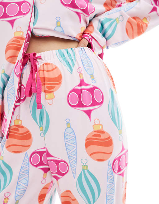 Loungeable Christmas Super Soft Jersey Revere Top And Wide Leg Pyjama Set In Bauble Print