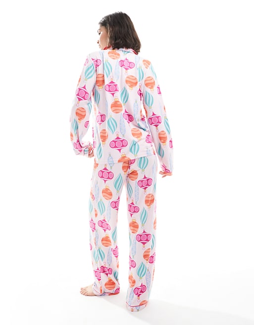 Loungeable Christmas Super Soft Jersey Revere Top And Wide Leg Pyjama Set In Bauble Print