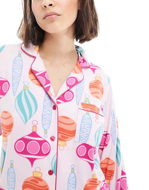 Loungeable Christmas Super Soft Jersey Revere Top And Wide Leg Pyjama Set In Bauble Print