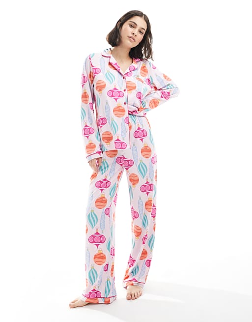 Loungeable Christmas super soft jersey revere top and wide leg pyjama set in bauble print