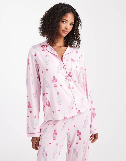 Loungeable Christmas Super Soft Jersey Revere Top And Wide Leg Pyjama Set In Pink Nutcracker Print