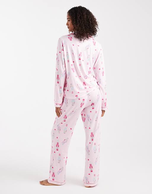 Loungeable Christmas Super Soft Jersey Revere Top And Wide Leg Pyjama Set In Pink Nutcracker Print