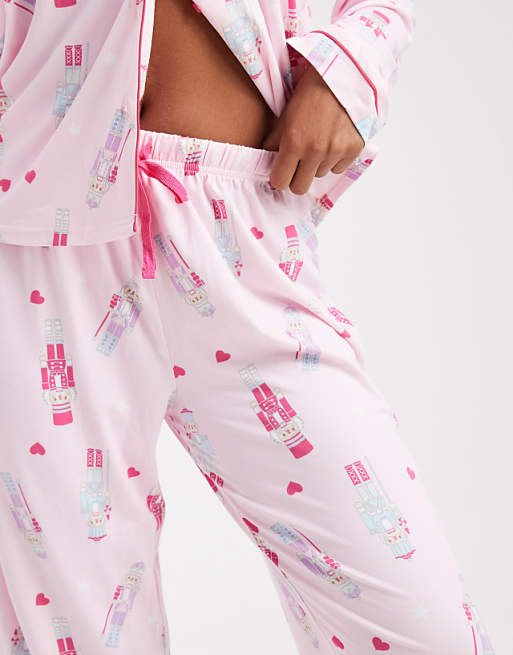 Loungeable Christmas Super Soft Jersey Revere Top And Wide Leg Pyjama Set In Pink Nutcracker Print