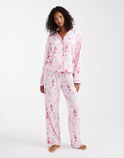 Loungeable Christmas super soft jersey revere top and wide leg pyjama set in pink nutcracker print