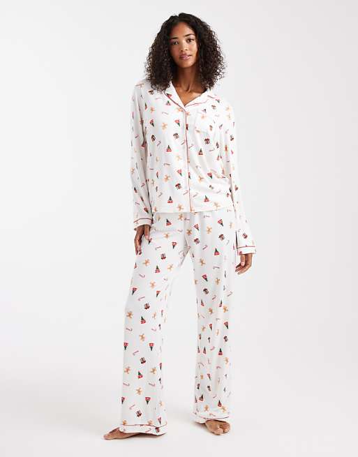 Loungeable Christmas super soft jersey revere top and wide leg pyjama set in cream gingerbread print