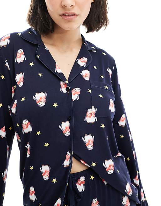 Loungeable Christmas Supersoft Jersey Pyjama Set In Navy Penguin Print