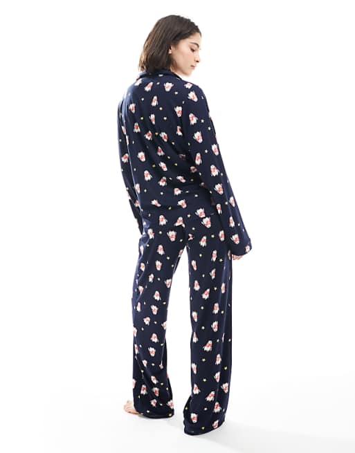 Loungeable Christmas Supersoft Jersey Pyjama Set In Navy Penguin Print