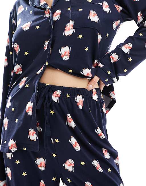 Loungeable Christmas Supersoft Jersey Pyjama Set In Navy Penguin Print