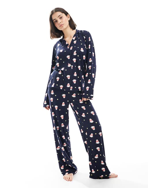 Loungeable Christmas supersoft jersey pyjama set in navy penguin print