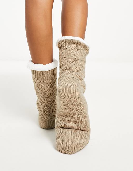 Loungeable Cosy Cable Knit Slipper Sock In Beige