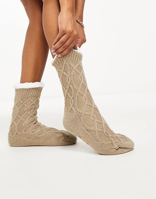 Loungeable cosy cable knit slipper sock in beige