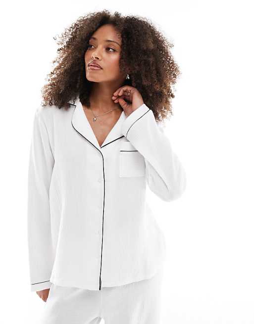 Loungeable Cotton Crinkle Traditional Trouser Long Sleeve Set In White