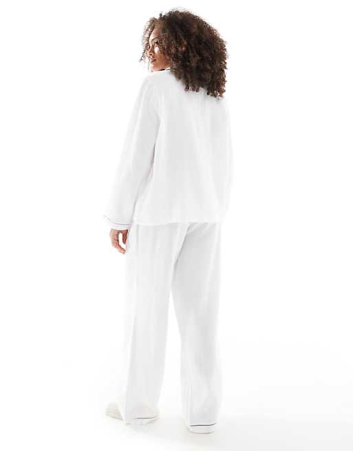 Loungeable Cotton Crinkle Traditional Trouser Long Sleeve Set In White