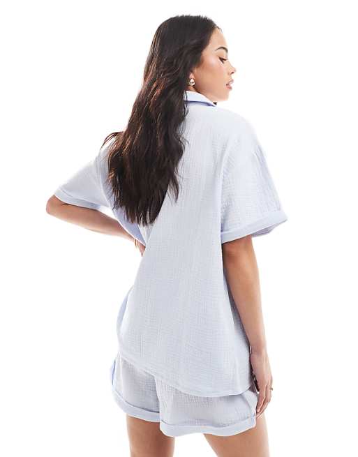 Loungeable Cotton Waffle Short Sleeved Short Set In Blue