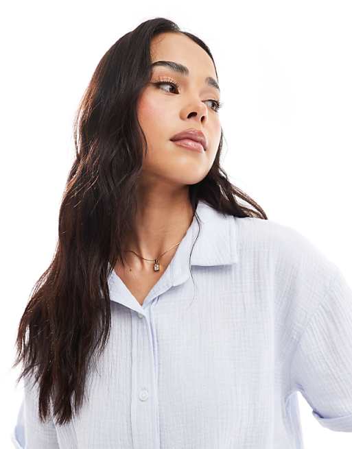 Loungeable Cotton Waffle Short Sleeved Short Set In Blue