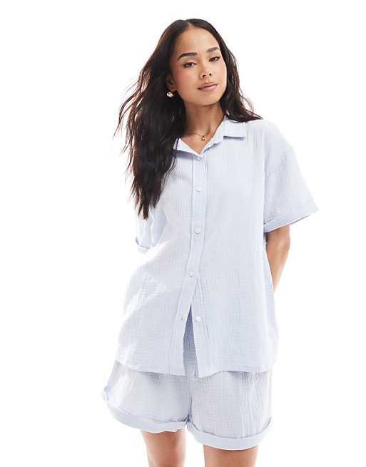 Loungeable Cotton waffle short sleeved short set in blue