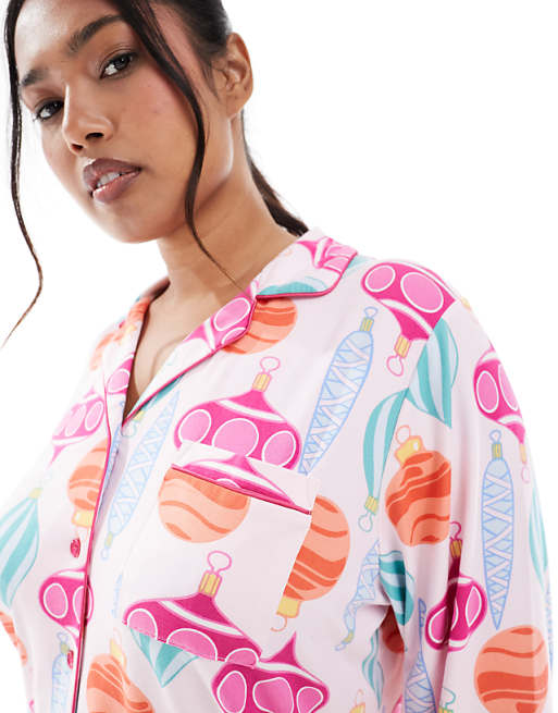 Loungeable Curve Christmas Super Soft Jersey Revere Top And Wide Leg Pyjama Set In Bauble Print
