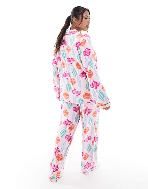Loungeable Curve Christmas Super Soft Jersey Revere Top And Wide Leg Pyjama Set In Bauble Print
