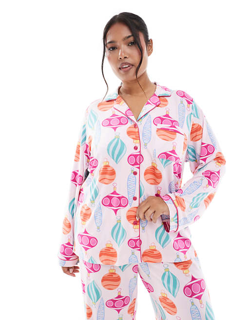 Loungeable Curve Christmas Super Soft Jersey Revere Top And Wide Leg Pyjama Set In Bauble Print