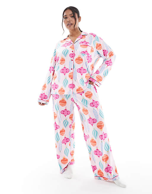 Loungeable Curve Christmas super soft jersey revere top and wide leg pyjama set in bauble print