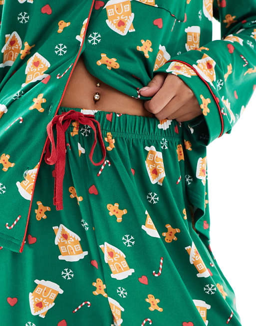 Loungeable Gingerbread Button Shirt And Long Pant Pyjama Set In Multi